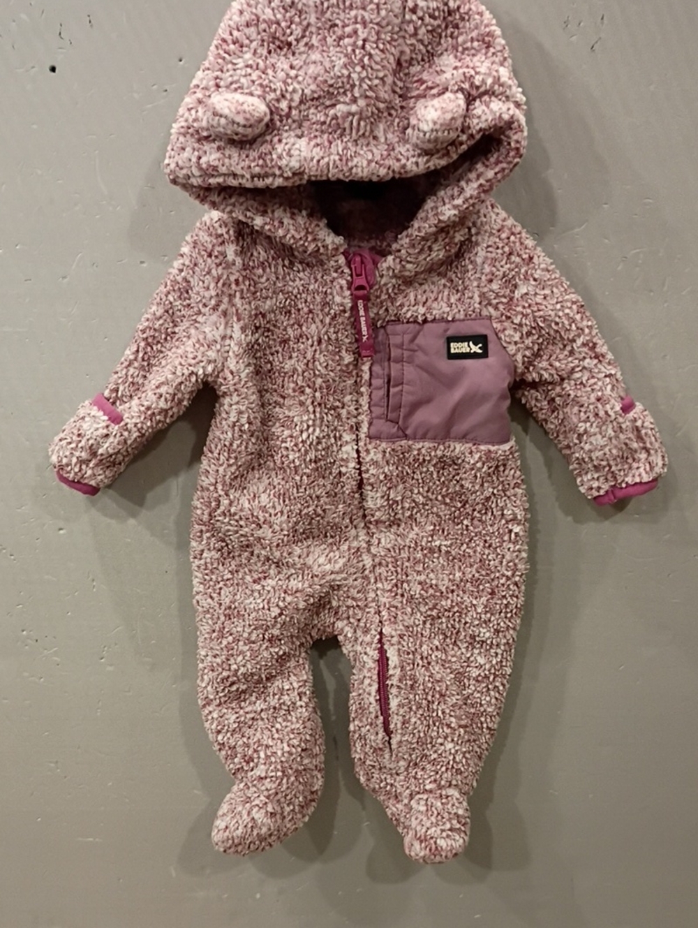Eddie Bauer Plush Hooded Baby One-Piece in Mauve Pink